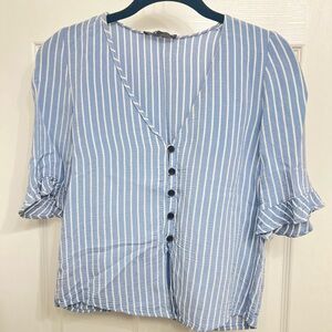 Zara Light Blue Striped Button-Up Blouse Ruffle Sleeve - Small - TRF